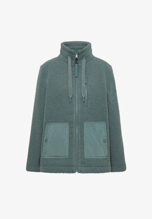 Fleece jacket in muted green with a high collar, zip front, and two glossy patch pockets. Features adjustable drawstrings and soft textured fabric.