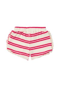 Shorts rayés en crème avec des rayures roses. Présentent un ourlet volanté et une taille élastique. Le matériau semble doux avec une finition texturée.