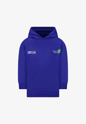 Blauwe hoodie van katoen, voorzien van een voorzak, lange mouwen en een capuchon met trekkoord. De voorkant is versierd met tekst in wit en groen.