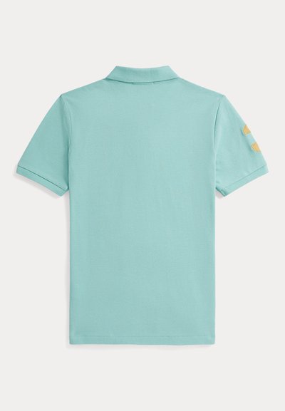 Mintgrønn polotrøye med korte ermer, klassisk krage og gule detaljer på skuldrene; laget av mykt, pustende stoff.