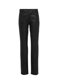 Czarne skórzane spodnie o prostym kroju nogawki, z klasycznym pasem, pięcioma kieszeniami i minimalnymi detalami w szwach.