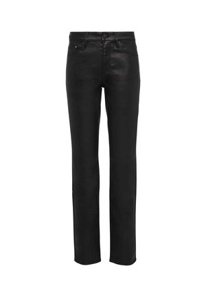 Black leather pants with a straight leg design, featuring a classic waistband, five pockets, and minimal stitching detail.
