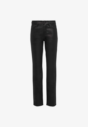 Black leather pants with a straight leg design, featuring a classic waistband, five pockets, and minimal stitching detail.