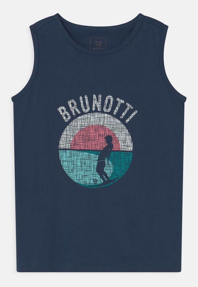 Débardeur sans manches bleu marine avec un graphique d'une personne faisant du surf au coucher du soleil et le mot "BRUNOTTI" au-dessus.