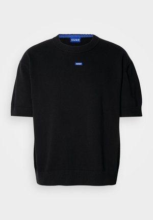 Black short-sleeve sweater made of soft knit fabric, featuring a crew neckline and a small blue "HUGO" logo on the chest.