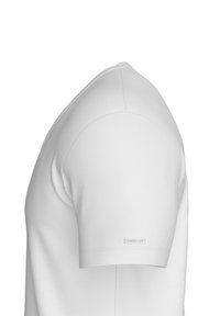 Camiseta blanca de manga corta con un cuello redondeado, textura suave y un logotipo sutil en la manga izquierda.