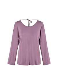 Top a maniche lunghe in morbido tessuto lavanda, con scollatura tonda e dettaglio annodato sul retro. Texture liscia e vestibilità comoda.