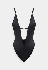 Μαύρο ολόσωμο μαγιό με βαθύ V ντεκολτέ, λεπτές τιράντες στον ώμο και μικρό ασημί κούμπωμα που ενώνει τα εμπρόσθια μέρη.