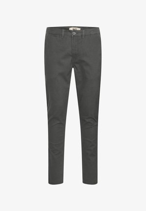 Sivi rastezljivi pamukasti chinos hlače sa uskim krojem, dizajnom sa pet džepova, petljama za pojas i jednim dugmetom za zatvaranje u struku. Glatka tekstura.