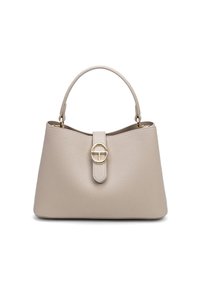 Borsa a mano in pelle beige con una finitura testurizzata, un manico singolo e un accent d'oro circolare in metallo su un cinturino di pelle.