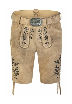 Traditionelle beige Lederhosen-Shorts aus Leder mit schwarzer Blumenstickerei, Seitentasche und Gürtel mit einer silbernen Schnalle mit Hirschmotiv.