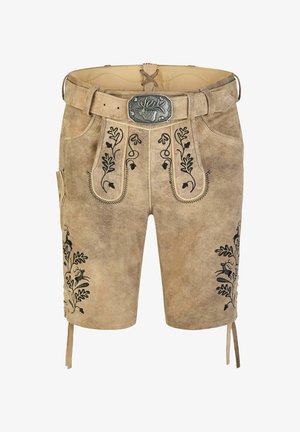 Traditionelle beige Lederhosen-Shorts aus Leder mit schwarzer Blumenstickerei, Seitentasche und Gürtel mit einer silbernen Schnalle mit Hirschmotiv.