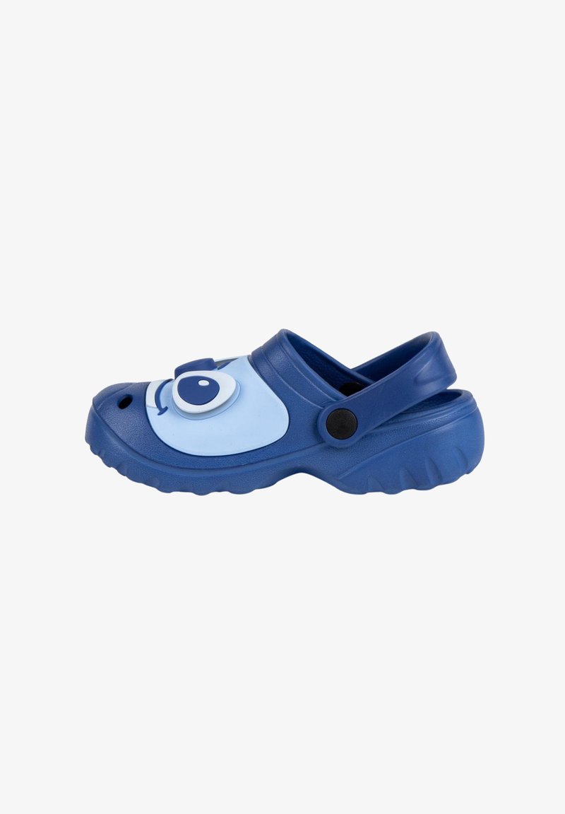 Blue children's clog with a light blue face design featuring a large eye and smiling expression. Made of lightweight, durable material.