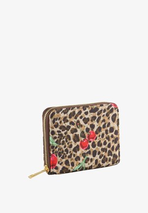 Small rectangular wallet with brown leopard print and red cherry patterns, featuring a gold zipper closure.