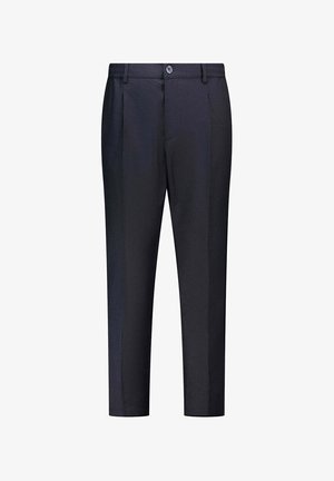 Pantaloni blu navy realizzati in tessuto intrecciato con taglio dritto, caratterizzati da chiusura con bottone, pieghe e una texture liscia. Nessun motivo visibile.