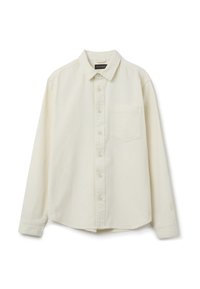 Lichtbeige button-up shirt gemaakt van zachte stof. Heeft een kraag, lange mouwen, een borstzak en een standaard knoopsluiting.