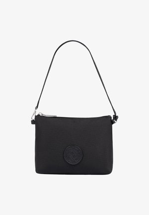 Black fabric crossbody bag with a silver zipper and a round logo patch. Features a simple design and a thin adjustable strap.