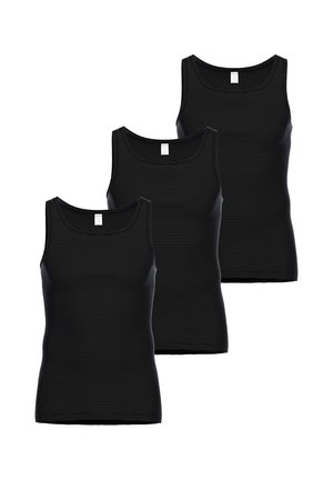 Drei schwarze ärmellose, gerippte Tanktops mit rundem Ausschnitt, auf weißem Hintergrund überlappend angeordnet.