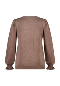 Bruine, glinsterende trui met een ronde hals, pofmouwen en gerimpelde manchetten. Zachte textuur met een aansluitend lichaam.