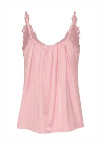 Bleda roza kamizola z nežnimi čipkastimi poudarki na naramnicah, mehka tkanina in nabran dizajn dekolteja. Lahka in fluidna.