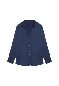 Námořnická modrá košile s dlouhým rukávem vyrobená z hladké tkaniny, s límečkem, zapínáním na knoflíky a mírně zaobleným lemem. Viditelné akcenty s knoflíky.