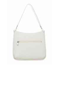 Sac à main en cuir blanc avec une texture lisse, un dessus incurvé et une poche zippée à l'avant. Il présente une sangle unique réglable et un design minimaliste.