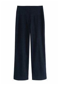 Pantalon à jambes larges en tissu bleu marine avec une finition texturée. Présente une taille haute sans quincaillerie ni motifs visibles.