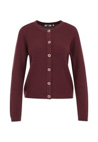 Cardigan bordeaux avec un motif texturé, col rond et sept boutons sur le devant. Manches longues et silhouette ajustée.