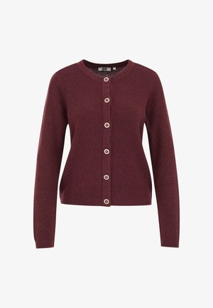 Burgunderfarbener Cardigan mit strukturiertem Muster, Rundhalsausschnitt und sieben vorderen Knöpfen. Lange Ärmel und taillierte Silhouette.