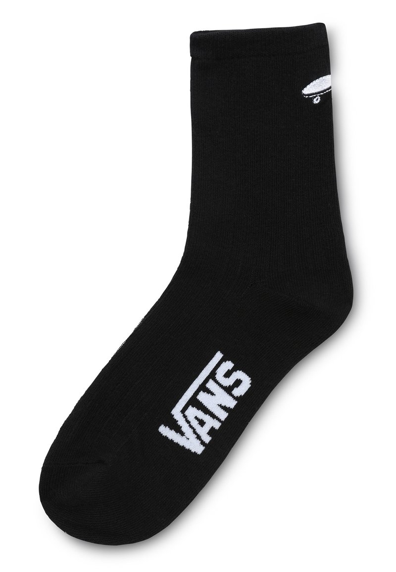 Schwarze Baumwollsocke mit geripptem Abschluss, versehen mit einem weißen "VANS"-Logo und einer Skateboard-Grafik in der Nähe des Knöchels. Klassisches Crew-Design.