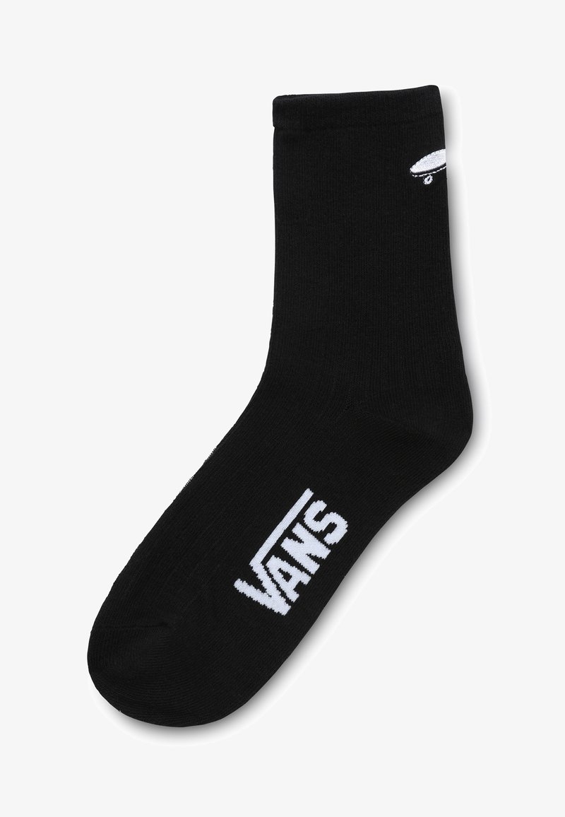 Calcetín de algodón negro con puño acanalado, que presenta un logo "VANS" blanco y un gráfico de patineta cerca del tobillo. Diseño clásico de longitud crew.