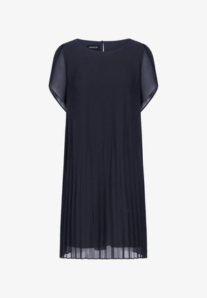 Vestido plisado azul marino con mangas cortas transparentes, cuello redondo y cierre en forma de ojal en la espalda. Fabricado con tejido ligero.