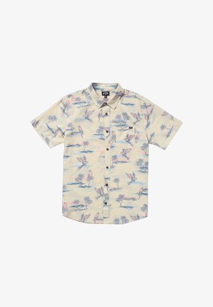 Kurzärmeliges, kragenloses Hemd aus cremefarbener Fabric mit bunten Mustern von Palmen und Vögeln. Mit Knopfverschluss vorne, einer Tasche und lässiger Passform.