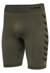 Olivgrüne Sportshorts mit geripptem Bund, ausgestattet mit einem Netzpaneel an der Seite und schwarzen Chevron-Akzenten entlang des Beins.