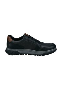 Schwarze Lederschuhe mit strukturierter Oberfläche, braunen Lederelementen, Schnürdesign und einer robusten grauen Gummisohle mit Traktionsmustern.