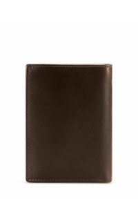 Brązowy skórzany portfel, prostokątny kształt, gładka tekstura, prosty design z widocznym przeszyciem, bez ozdób ani logo.