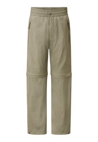 Leichte, olivgrüne Cargo-Hosen mit elastischem Bund, Reißverschlusstaschen und aufrollbaren Säumen. Glatte Textur und lässiges Design.