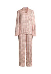 Lichtgewicht pyjama set met ruitpatroon in zacht beige met rode en pastelkleurige accenten. Bevat een collared top en rechte pijpen.