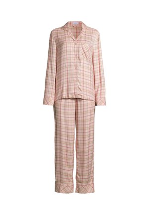 Leichtes, kariertes Schlafanzugset in sanftem Beige mit roten und pastellfarbenen Akzenten. Mit einem kragenlosen Oberteil und geraden Hosen.