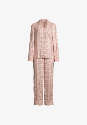 Lättviktig pyjamasuppsättning med rutmönster i mjuk beige med röda och pastellfärgade accenter. Består av en topp med krage och raka byxor.