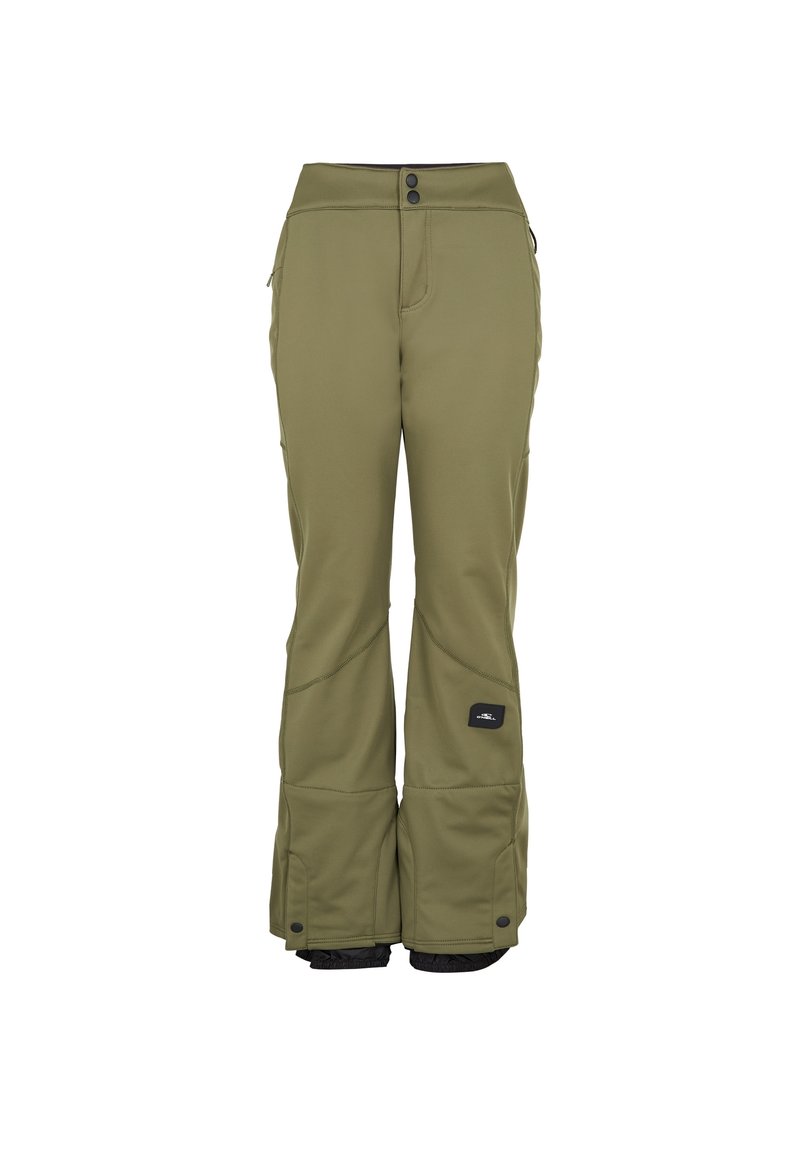 Olivgrüne Skihosen mit glatter Textur, ausgestattet mit zwei vorderen Knöpfen, seitlichen Taschen und einem schwarzen Logopatch nahe dem Saum.