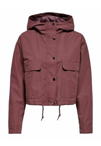 Krátká mauve bunda s kapucí, předními patentkami, dvěma klopovými kapsami, dlouhými rukávy a nastavovacími šňůrkami na spodním lemu.
