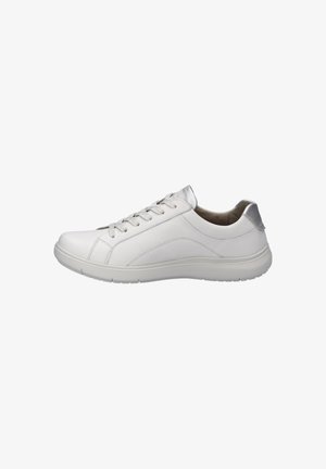 Witte leren sneaker met een gladde oppervlakte, ronde neus en zilveren accenten op de hak. Voorzien van veters en een gevoerde zool.
