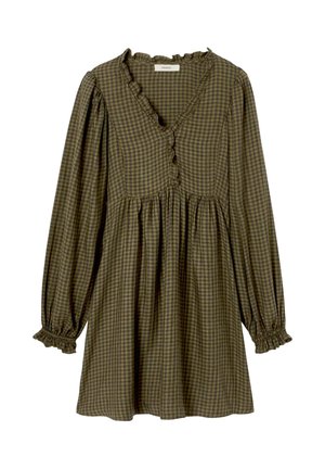 Robe à manches longues à carreaux marron et noir avec un décolleté en V à volants, une taille froncée, des poignets élastiques et une jupe ample.