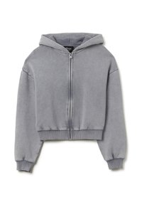 Grijze cropped hoodie van zachte stof, met een rits aan de voorkant, lange mouwen en een capuchon met trekkoord, voorzien van geribbelde manchetten en zoom.