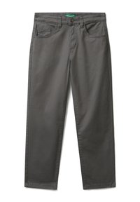 Šedé kalhoty vyrobené z materiálu s příměsí bavlny, se standardním rovně střiženým designem, předními kapsami a zapínáním na knoflík se zelenou etiketou.