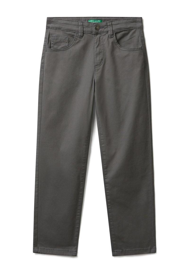 Šedé kalhoty vyrobené z materiálu s příměsí bavlny, se standardním rovně střiženým designem, předními kapsami a zapínáním na knoflík se zelenou etiketou.