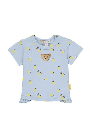 Light blue short-sleeve t-shirt featuring yellow lemon prints, a bear appliqué on the chest, and a frilled hemline. Includes side snap closure.