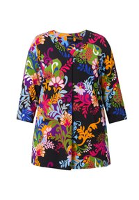 Färgglad blommig tunika med svart bakgrund, trekvartsärmar, V-ringning och varierade mönster i ljusa rosa, gröna, blå och orange färger.