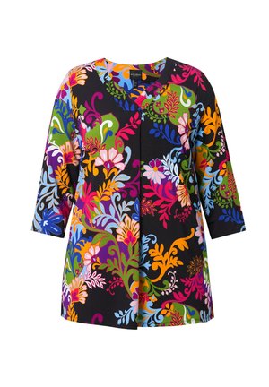 Kleurrijke bloemen tuniek met een zwarte achtergrond, driekwartmouwen, V-hals en verschillende patronen in felle tinten roze, groen, blauw en oranje.